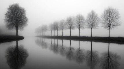 Aufkleber - Misty lakeside trees creating serene reflections in calm water during foggy weather