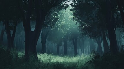 Aufkleber - Mysterious forest landscape with towering trees illuminated by soft sunlight creating an enchanting and serene atmosphere