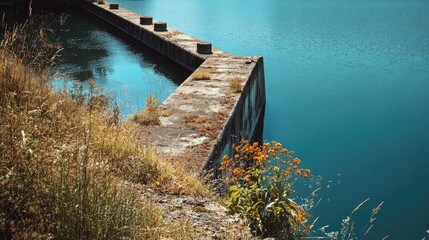 Aufkleber - Abandoned dam by a tranquil lake on a sunny day with vibrant wildflowers and serene water reflections