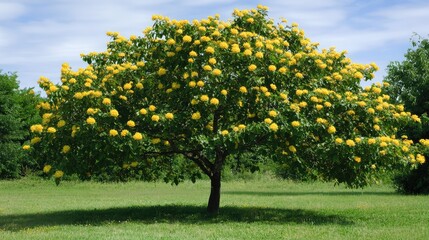 Poster - Vibrant tree adorned with bright yellow flowers under a clear summer sky in a lush green field