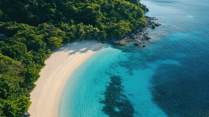 Poster - Pristine tropical beach with clear turquoise waters and lush greenery in a serene bay environment.