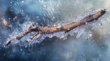 Aufkleber - Winter branch surrounded by ice and frosty textures, soothing tones create an abstract representation of a tranquil cold landscape.