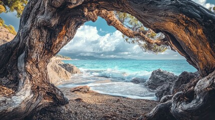Poster - Tree trunks framing a serene beach view with turquoise waters and lush greenery under a bright sky