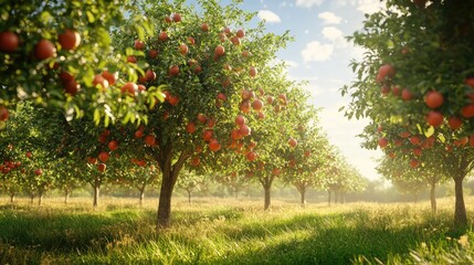 Poster - apple orchard with ripe fruit under bright sky showcasing lush greenery and sunlight filtering through branches in a tranquil setting