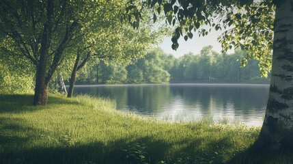 Poster - Serene lakeside scene with lush trees and vibrant grasses reflecting in calm waters under soft sunlight