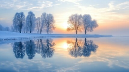 Aufkleber - Frozen lake reflects winter trees and a serene sunrise creating a tranquil landscape in delicate hues of blue and orange.