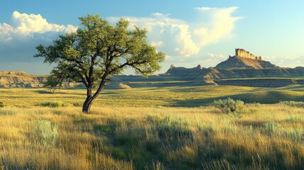 Poster - Lone green tree in a vast grassy landscape with distant rock formations under a clear blue sky.