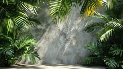 Poster - Tropical palm leaves framing a rustic wall creating a serene jungle garden atmosphere for interior design inspiration