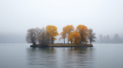 Poster - Autumn foliage on a serene lake island surrounded by foggy waters under an overcast morning sky