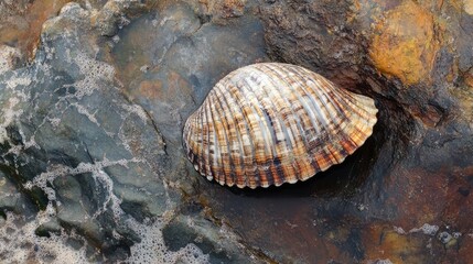 Poster - Scenic view of a colorful shell resting on a rock by the ocean with gentle waves in the background on a tropical beach
