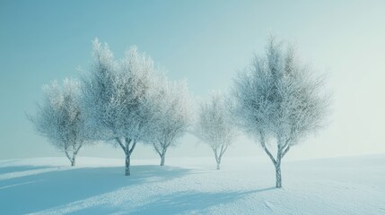 Poster - Snow-covered trees in tranquil winter landscape under soft blue sky with gentle light and subtle atmospheric depth