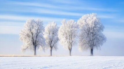 Poster - Frosted trees silhouettes against a serene blue winter sky in a tranquil landscape setting