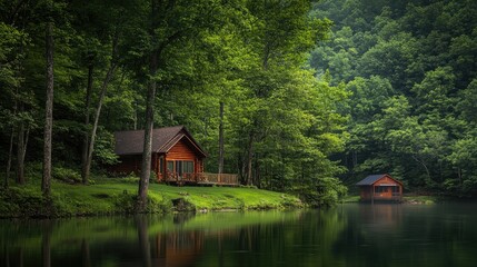 Poster - Serene riverfront cabins surrounded by lush greenery and tranquil waters in a picturesque forest setting