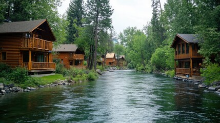 Poster - Lakeside cabins surrounded by lush trees along a serene river in a picturesque natural landscape