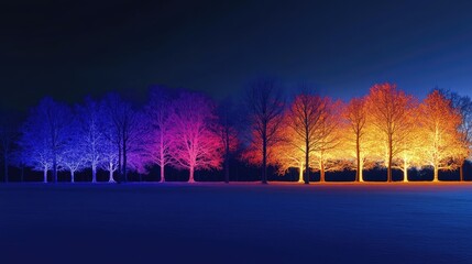 Poster - Illuminated trees in vibrant colors casting a stunning display against a dark night sky showcasing natureâ€™s beauty and nighttime serenity