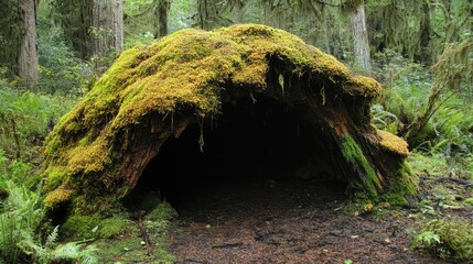 Poster - Mossy tree trunk creating a natural shelter in a lush forest environment showcasing vibrant greenery and earthy textures