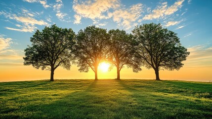 Poster - Silhouetted trees under a vibrant sunset sky casting shadows on lush green grass landscape