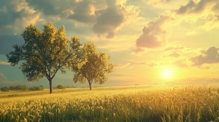 Poster - Serene landscape with trees golden sunlight and dramatic clouds at sunset in a tranquil field setting