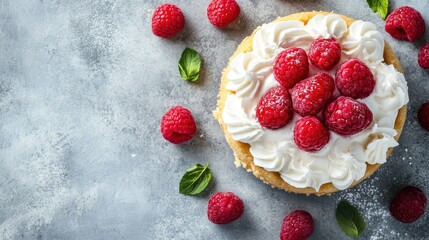 Aufkleber - Tres leches cake topped with whipped cream and fresh raspberries on a textured gray concrete background with space for text