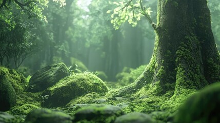 Aufkleber - Mossy forest landscape with lush green trees and rocks creating a serene and tranquil natural environment for outdoor exploration.