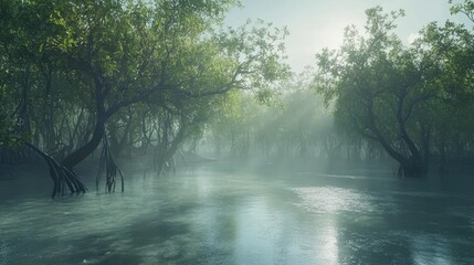 Poster - Mangrove forest landscape with misty water reflections and lush greenery under soft sunlight