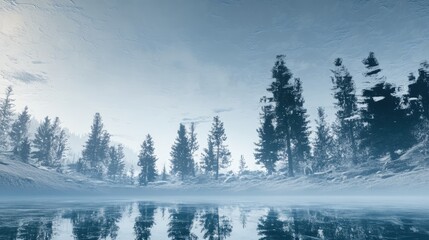 Aufkleber - Serene winter landscape with trees mirrored in the ice of a frozen lake under a calm sky
