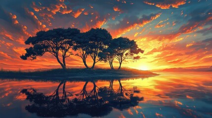 Poster - Serene sunrise over a tranquil lake with vibrant skies reflecting on water and silhouetted trees creating a peaceful natural atmosphere