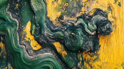 Poster - Swirling bark patterns on a vibrant tree trunk against a backdrop of lush green and warm yellow hues in a serene park setting