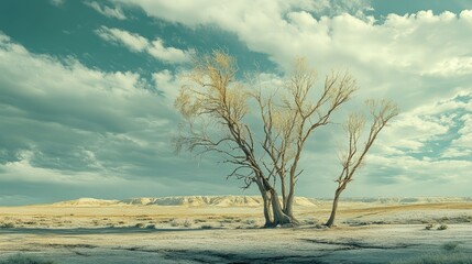 Poster - Lonely Trees Against Vast Sky in a Barren Landscape with Dramatic Clouds