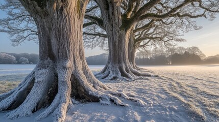 Poster - Winter landscape featuring frozen tree trunks with hoarfrost in a serene snowy setting.