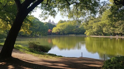 Poster - Serene park landscape featuring trees reflecting on a tranquil pond surrounded by lush greenery and nature's beauty