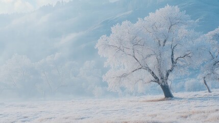 Poster - Frosty trees in a serene winter landscape with snow-covered mountains in the background under a soft blue atmosphere
