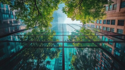 Poster - Trees and urban buildings reflected in modern glass facades showcasing nature and architecture harmony from a low angle perspective