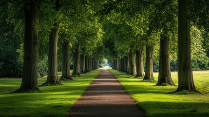 Leinwandbilder - Lush green tree-lined pathway in a serene park setting with soft sunlight illuminating the scenery