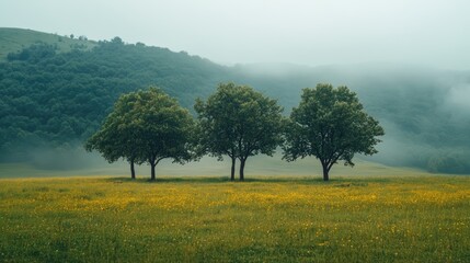 Poster - Lush green trees in a misty landscape with rolling hills and a serene meadow showcasing nature's tranquility and beauty.