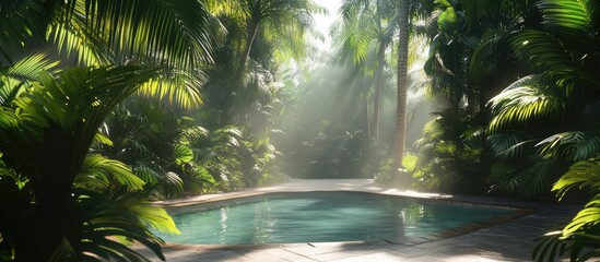 Poster - Serene tropical luxury retreat with lush vegetation and a tranquil pool surrounded by sunlight and mist