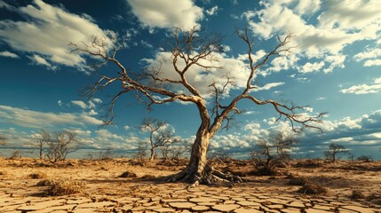 Poster - Tropical trees shedding leaves during dry season showcasing resilience in harsh weather with a dramatic sky and barren landscape background