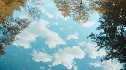 Poster - Trees and clouds reflecting in a tranquil lake under a clear blue sky on a sunny day showcasing nature's serene beauty