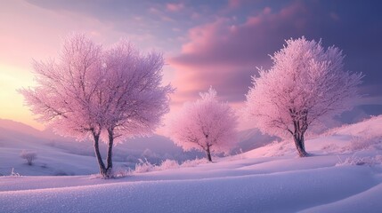 Poster - Frosted trees in a serene winter landscape at sunset with soft colorful skies and a blanket of snow in the mountains