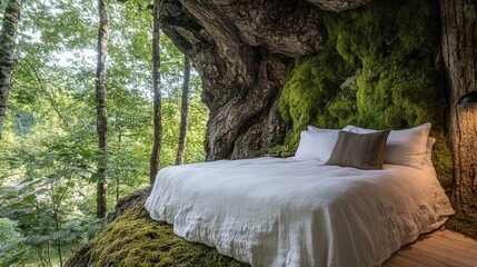 Poster - Tree trunk wall with lush green moss creating a natural bed in a serene summer forest environment