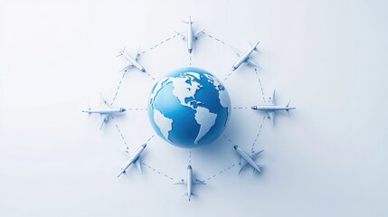 Poster - Globe with interconnected airplanes forming a network of travel paths around it, showcasing international connectivity, on a white background.