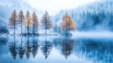 Poster - Winter landscape featuring fog-shrouded trees reflecting on a calm lake surrounded by a serene mountainous backdrop.
