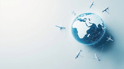 Poster - Globe with interconnected airplanes forming a network of travel paths around it, showcasing international connectivity, on a white background.