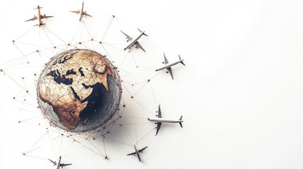 Poster - Globe with interconnected airplanes forming a network of travel paths around it, showcasing international connectivity, on a white background.