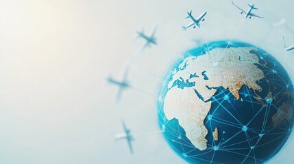 Poster - Globe with interconnected airplanes forming a network of travel paths around it, showcasing international connectivity, on a white background.