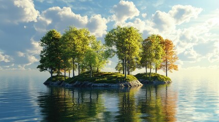 Poster - Serene island with vibrant trees reflecting on calm water under a clear sky showcasing nature's tranquility and beauty