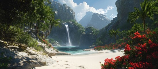 Poster - Serene tropical landscape with pristine white sands cascading waterfall and lush greenery in a tranquil paradise setting