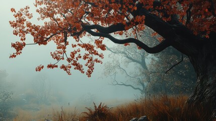 Poster - Autumn foliage with misty landscape and bare branches showcasing vibrant orange and red leaves in a serene nature setting