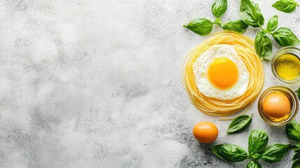 Poster - Vegan pasta dish with zucchini spaghetti topped with egg yolk, olive oil, and fresh basil on a light concrete background with space for text