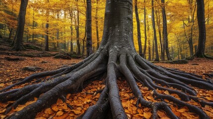 Poster - Majestic tree trunks with sprawling roots amidst vibrant autumn foliage in a tranquil forest setting